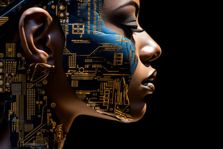 an image of a woman with a circuit board on her faceの素材