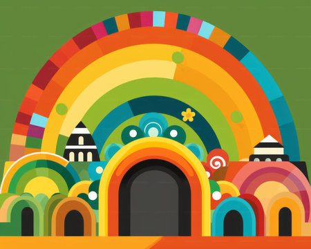 an illustration of a colorful rainbow with buildings in the backgroundの素材
