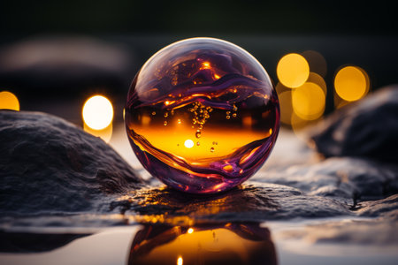 a purple glass ball sitting on top of rocksの素材