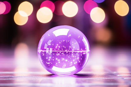 a purple crystal ball sitting on a table with lights in the backgroundの素材