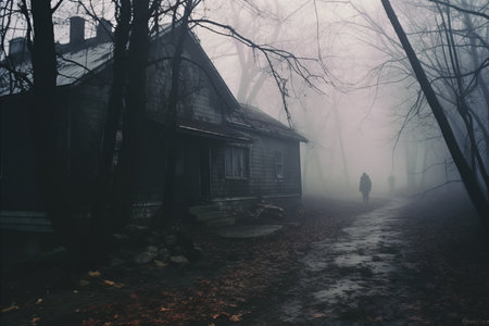 a person walking down a path in the woods with a house in the backgroundの素材