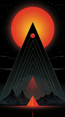 a poster with an image of a pyramid and a red sunの素材