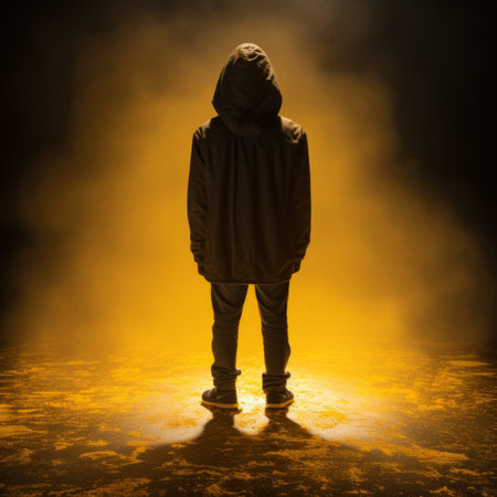 the silhouette of a man in a hoodie standing in the smokeの素材