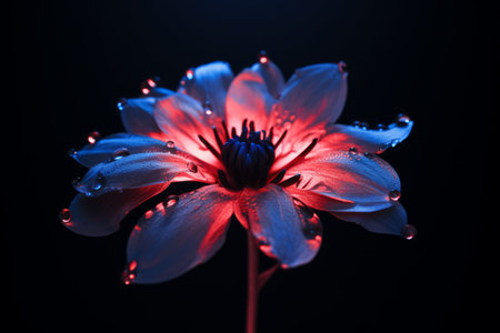 a red and blue flower with water droplets on itの素材