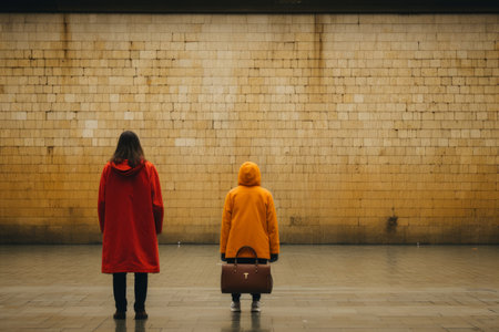 two people in red coats standing in front of a brick wallの素材