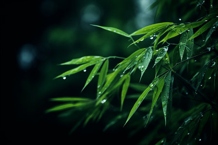 water droplets on the leaves of a bamboo plantの素材