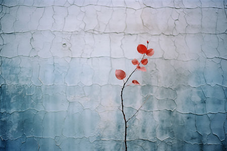 a red plant against a blue wall with peeling paintの素材