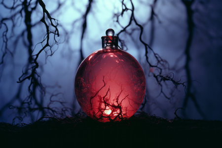 a red glass ball sits in the middle of a dark forestの素材