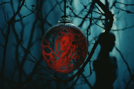 a red glass ornament hanging from a tree branchの素材