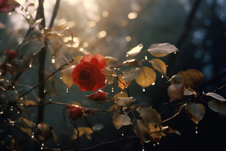 a red rose on a branch with water droplets on itの素材