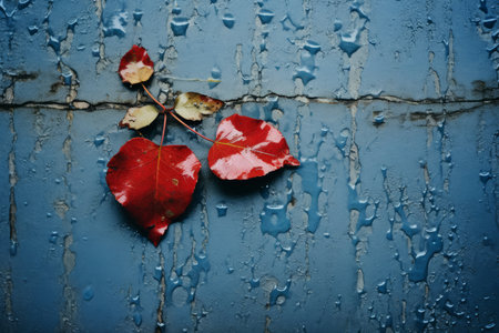 a red leaf on a blue wall with water dropsの素材