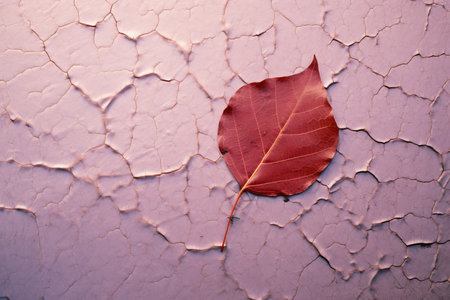 a red leaf sits on a cracked wallの素材