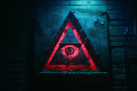 a red triangle with an eye on it in a dark roomの素材