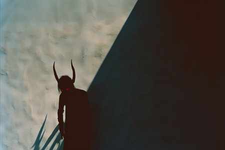 a shadow of a man with horns standing in front of a wallの素材