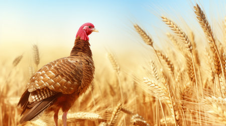 a turkey is standing in a field of wheatの素材