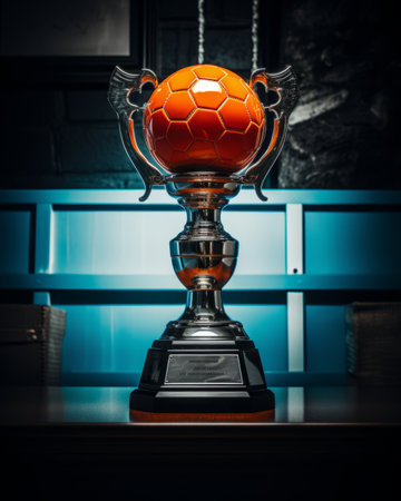 a trophy with an orange ball sitting on top of itの素材