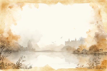 a watercolor painting of a river and castleの素材