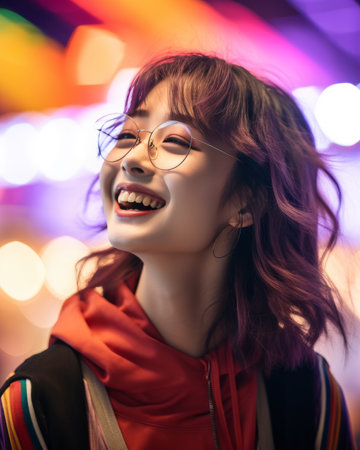 a woman with glasses and a red sweater smilingの素材