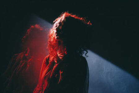 a woman with red hair standing in front of a red lightの素材