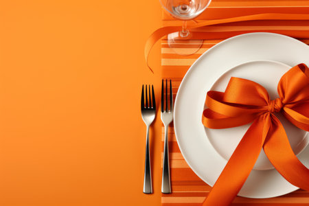 a white plate with an orange ribbon and fork and knife on an orange tableclothの素材