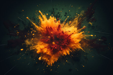 abstract explosion with red orange yellow and black splashes on a dark backgroundの素材