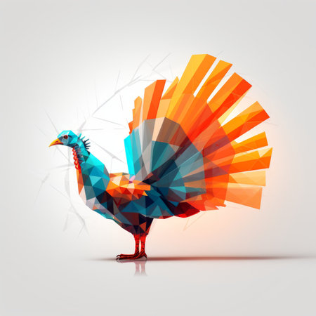 abstract geometric turkey with orange blue and green feathers on a white backgroundの素材