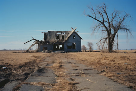 an abandoned house in the middle of a fieldの素材