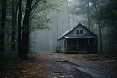 an abandoned house in the middle of the woodsの素材
