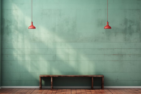 an empty room with a wooden floor and two red lampsの素材
