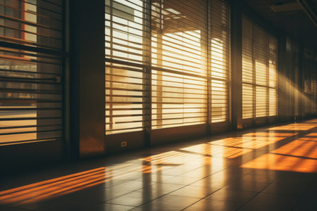 an empty hallway with sunlight streaming through the windowsの素材