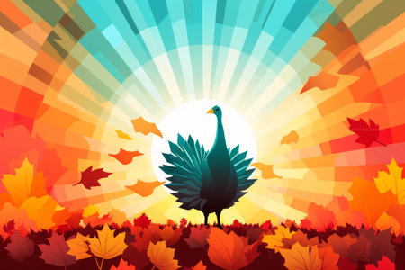 an illustration of a peacock standing in a field of autumn leavesの素材