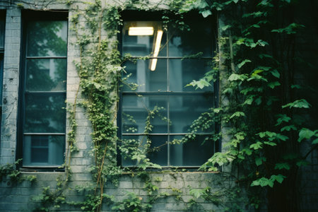 an old building with ivy growing around the windowsの素材