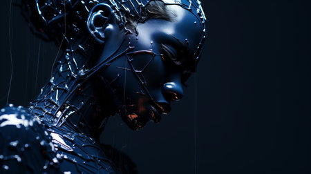 an image of a futuristic woman with wires on her faceの素材