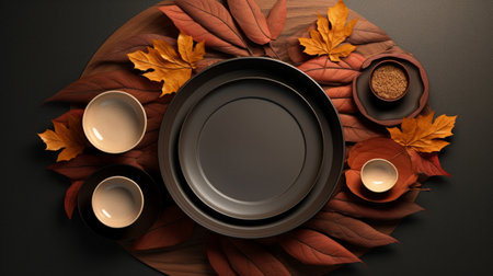 an image of an empty plate surrounded by leavesの素材