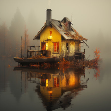 an old house floating on the water in the middle of a foggy nightの素材