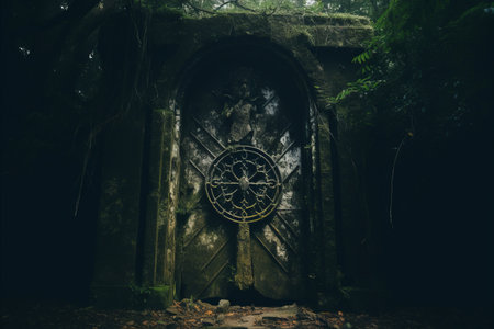 an old door in the woods with a cross on itの素材