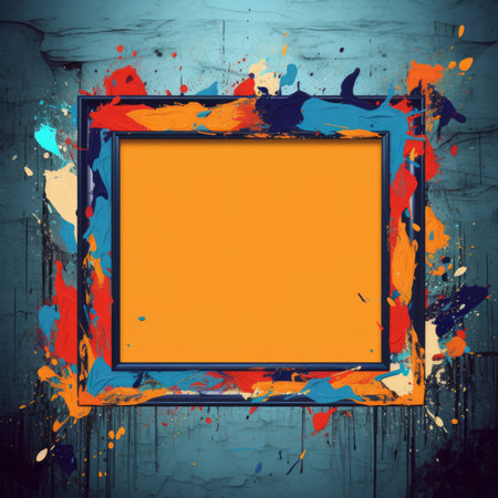 an orange and blue frame with paint splatters on itの素材