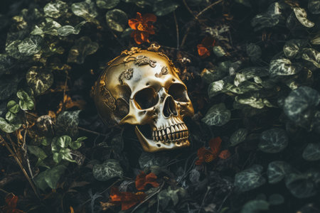 golden skull on the ground surrounded by plantsの素材