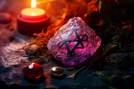 a crystal with a pentagram on it and a candle next to itの素材