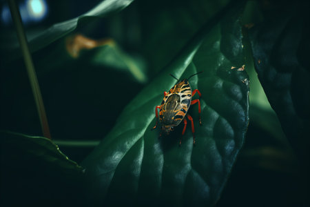 a bug is sitting on top of a green leafの素材