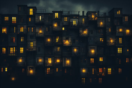 a dark building with many windows lit up at nightの素材