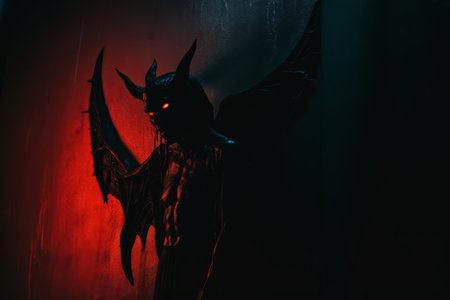 a demon statue with red light in the backgroundの素材