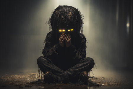 a creepy little girl with glowing eyes sitting on the groundの素材