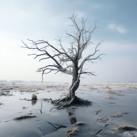 a dead tree in the middle of a frozen lakeの素材