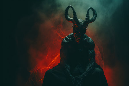 a demon with horns sitting on a dark backgroundの素材