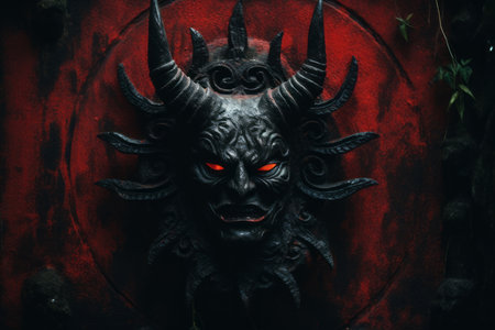 a demon mask with red eyes on a red backgroundの素材