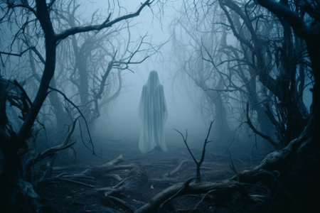 a ghostly figure standing in the middle of a dark forestの素材