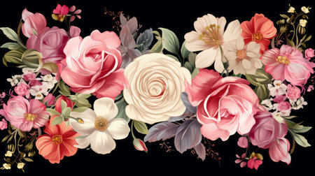 a floral arrangement of pink white and red roses on a black backgroundの素材