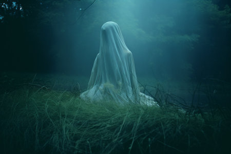 a ghostly figure sits in the grass at nightの素材