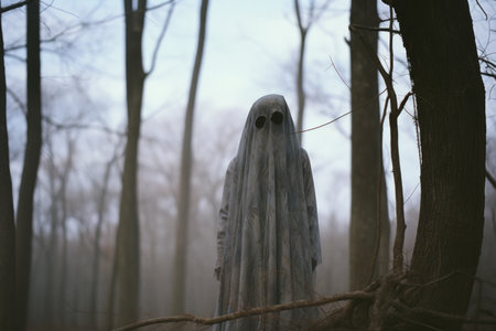 a ghostly figure standing in the middle of a forestの素材